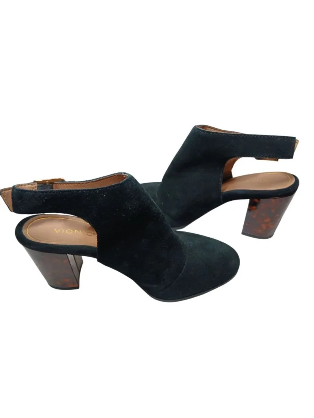 Vionic Lacey Black Suede Heels Shoes Size 7.5 Tortoise Block Heel Shooties Comfy